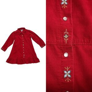 Oshkosh Dress Girll's 4T Red Corduroy Pearl Snap Floral Embroidered Ruffle